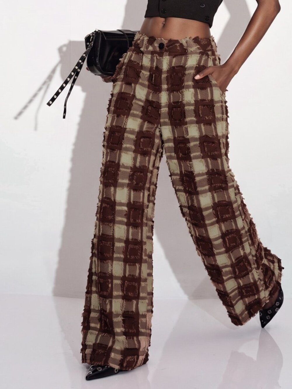Brown Casual Women's 3d Tassel Cut-Out Plaid Loose Wide Leg Long Pants